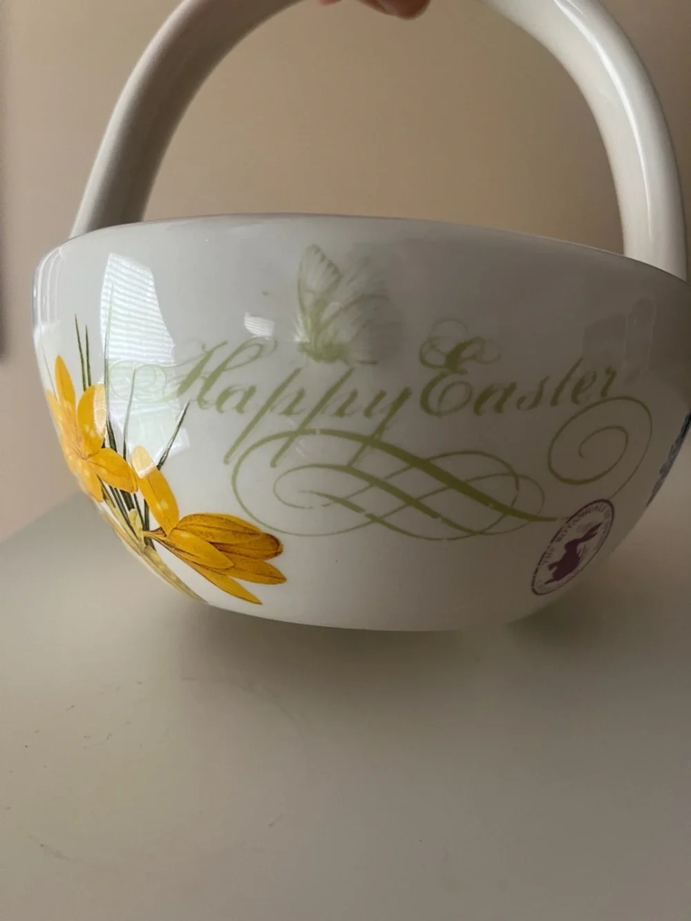 Blossoms and Blooms Happy Easter Ceramic Basket Candy Dish with Handle